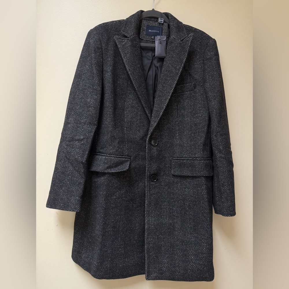 NwT;Braveman men's black and white herringbone wool-blend topcoat🌑